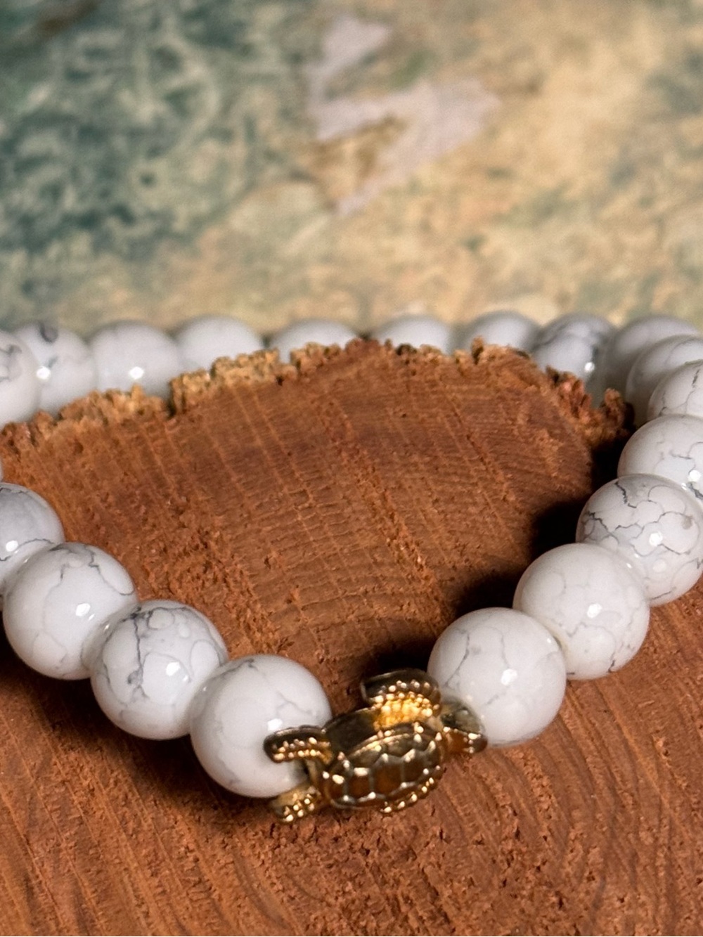 White Magnesite Beaded Bracelet with Gold Turtle Charm